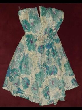 Source Unknown Strapless Cream Floral Dress with Teal Blue Accents